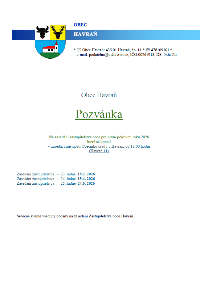 Pozvánka na&nbsp;zasedání zastupitelstva 